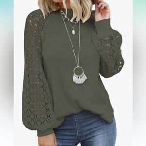 Crochet Balloon Sleeve Knit Pullover - Forest Green